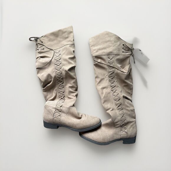 Womens Over The Knee Boots 8.5 Tan Suede Lace Back Flat Riding Slouchy Tall Boot - Picture 6 of 14